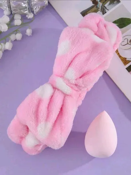 Diadema de baño y esponja para maquilaje diseño de lazo color rosa