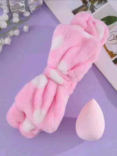 Diadema de baño y esponja para maquilaje diseño de lazo color rosa
