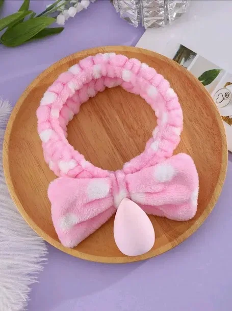Diadema de baño y esponja para maquilaje diseño de lazo color rosa