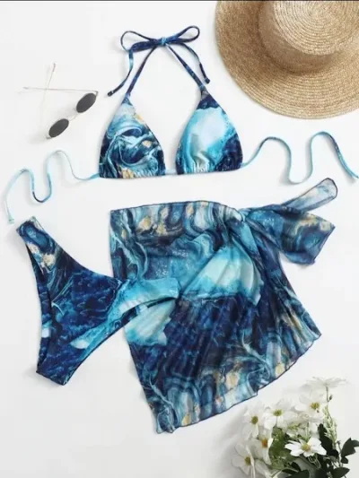 Vestido de baño para dama con diseño marmoleado azul