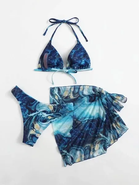 Vestido de baño para dama con diseño marmoleado azul