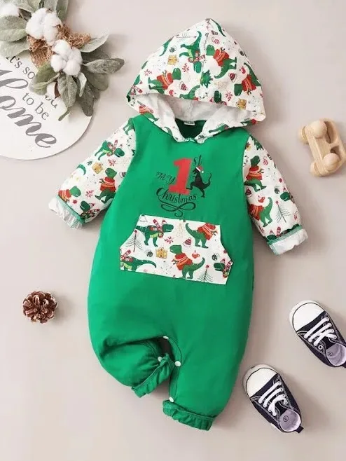 Pijama para niño navideña color verde diseño dinosaurios
