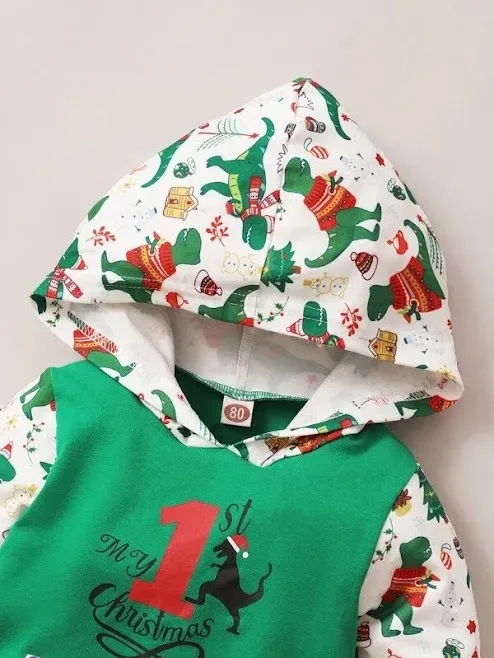 Pijama para niño navideña color verde diseño dinosaurios