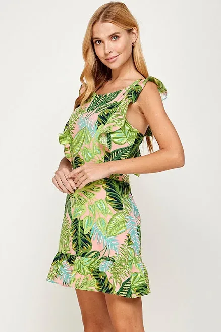 Vestido para dama con patrón de hojas tropicales