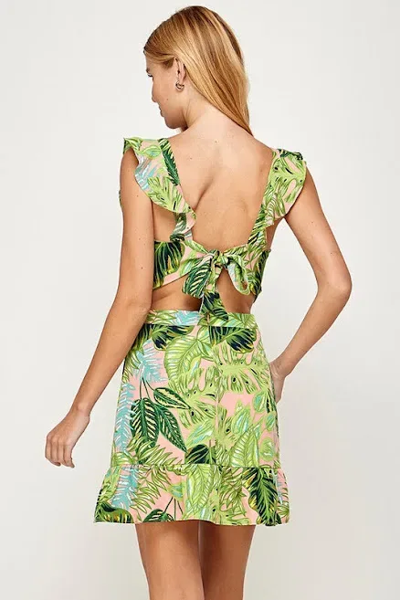 Vestido para dama con patrón de hojas tropicales
