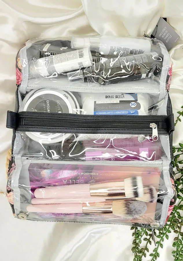 Cosmetiquera o estuche de viaje, tres compartimentos, color oro rosa