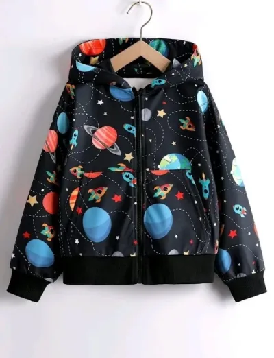 Abrigo para niño con estampado de planetas y cohetes color azul oscuros