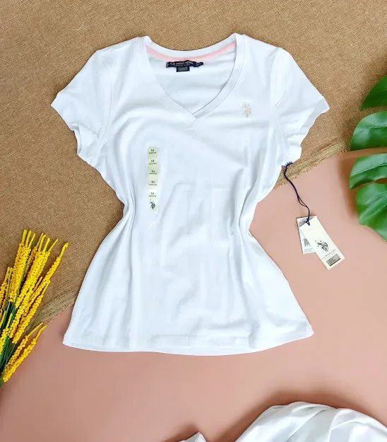 Camiseta U.S Polo para dama color blanco franja interior rosada