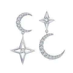 Aretes de plata 925 para dama diseño luna y estrella
