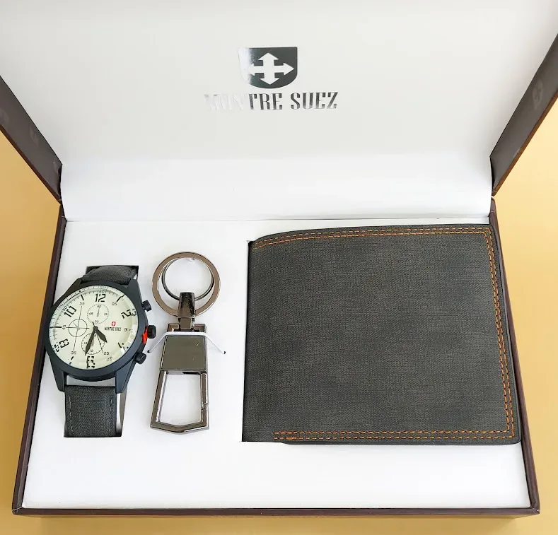 Set de reloj, billetera y llavero para caballero color gris oscuro PL-5036.