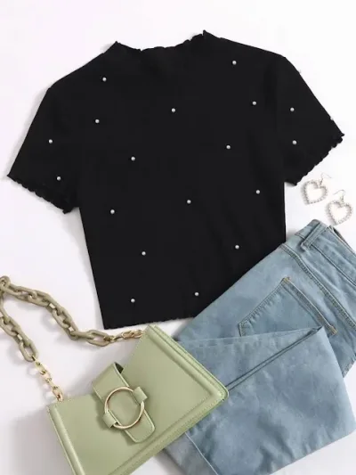 Blusa para dama color negro con detalles de perlas