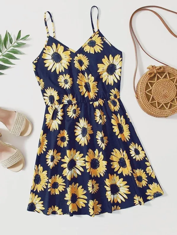 Enterizo para dama color azul con estampado de girasoles
