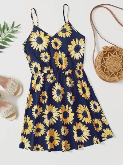 Enterizo para dama color azul con estampado de girasoles