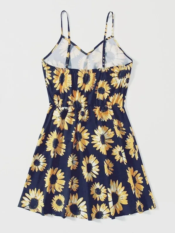 Enterizo para dama color azul con estampado de girasoles