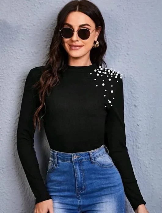 Blusa para dama color negro con perlitas