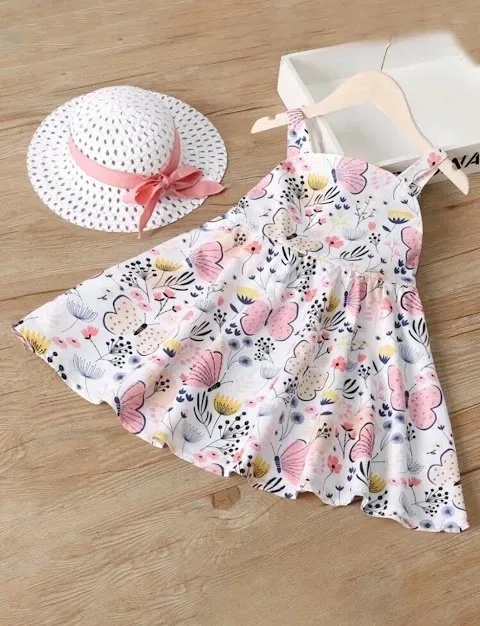 Set de vestido con sombrero para niña  diseño de mariposas