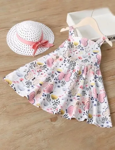Set de vestido con sombrero para niña  diseño de mariposas