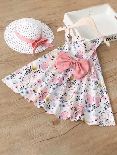 Set de vestido con sombrero para niña  diseño de mariposas