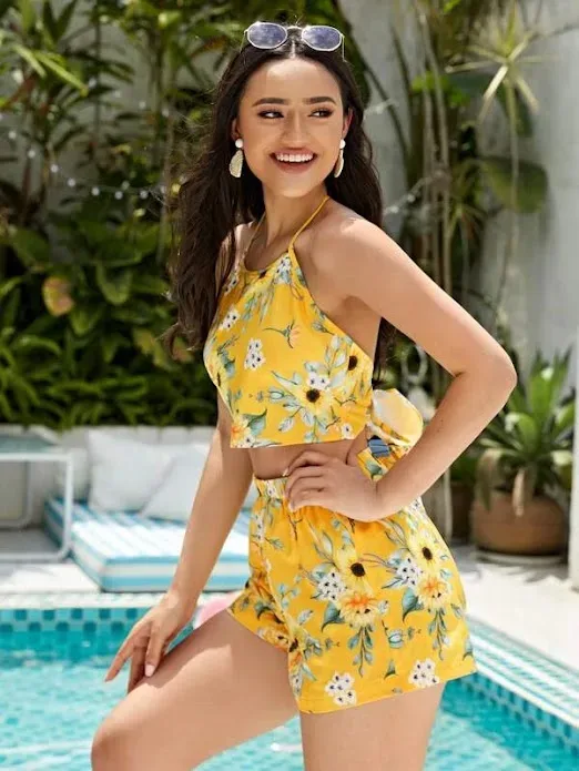Conjunto para dama color amarillo diseño floral