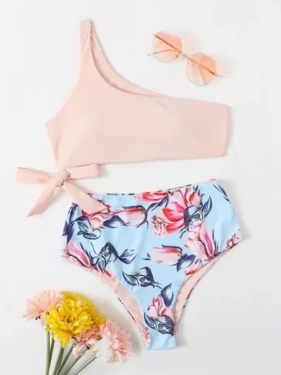 Vestido de baño para daa color rosa y celeste con estampado floral