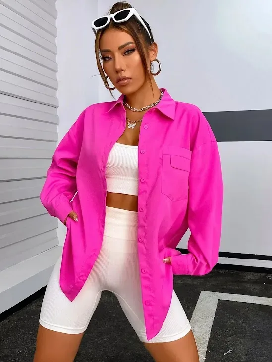 Camisa para dama color rosa con bolsillo delantero de hombros caídos