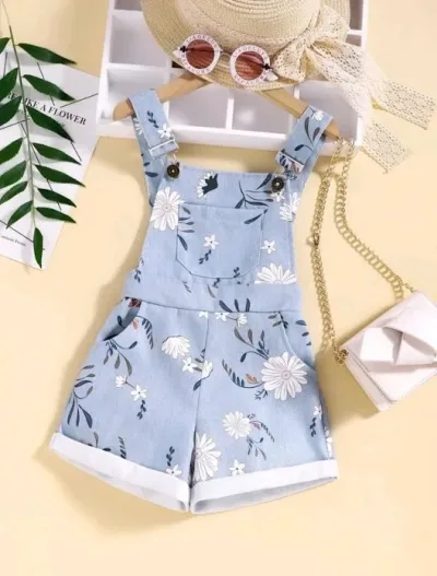 Overol para niña color celeste con estampado floral