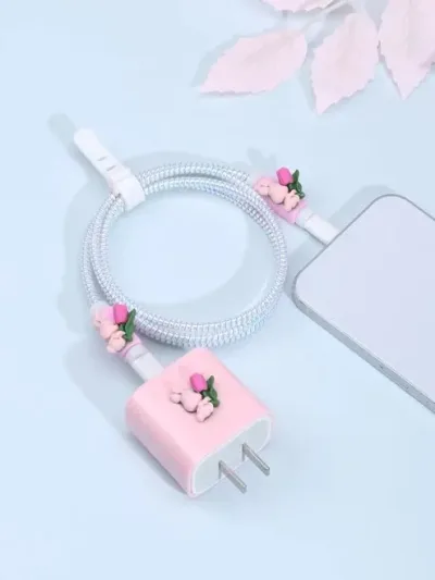 Funda protectora para cargador diseño de flores rosa