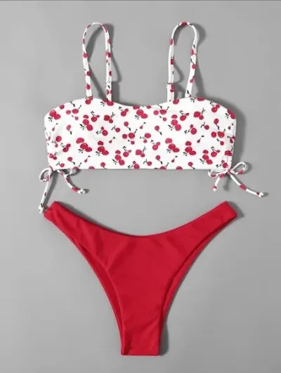 Vestido de baño para dama color rojo con diseño de cereza