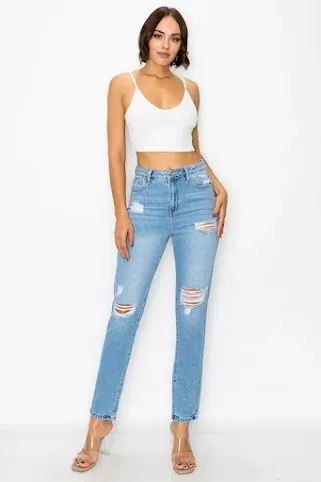 Mom Jeans para dama color azul mezclilla V2315L