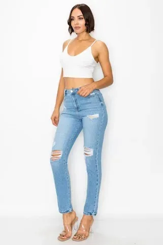 Mom Jeans para dama color azul mezclilla V2315L