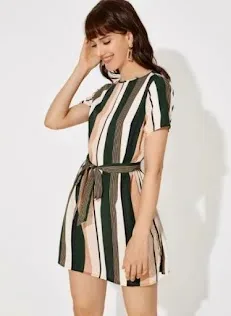 Vestido para dama rayas verdes, blancas y palo rosa