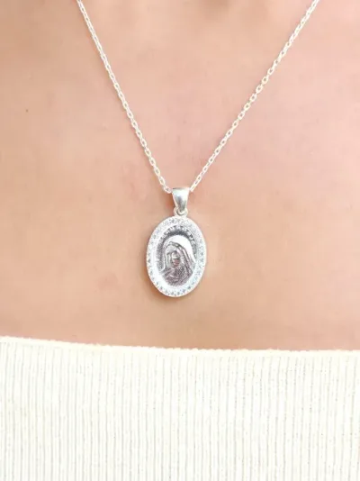 Collar plata 925 para dama  con diseño de virgen color plateado #5
