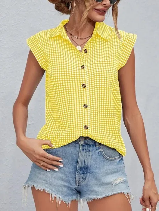 Blusa para dama color amarillo diseño de cuadros