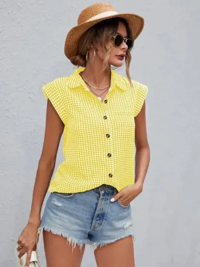 Blusa para dama color amarillo diseño de cuadros