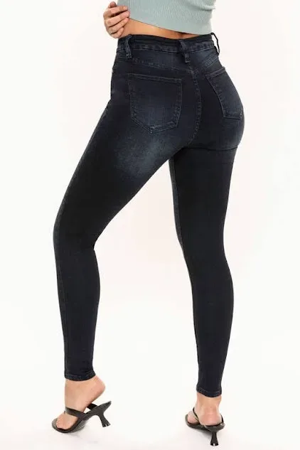 Jeans para dama talle alto skinny  D108 color negro desgastado